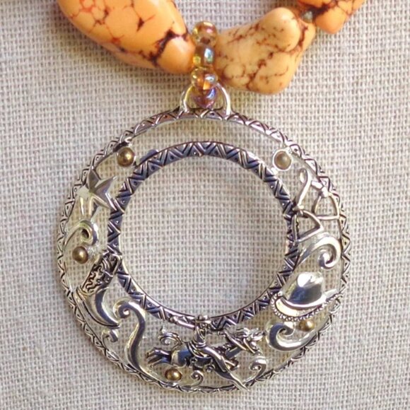 Vtg Orange Magnesite Howlite Stone Pendant Necklace Rodeo Cowboy Western Chunky - Picture 3 of 5